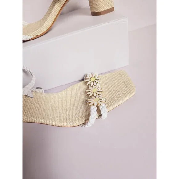 Schutz Hina Daisy Fairy Rafia Floral Lace Up White Block Heels Sandals Shoes 7.5 - Picture 4 of 14